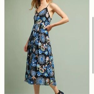 Eri + Ali Anthropologie Floral Embroidered Marlene Dress Blue Black Size S